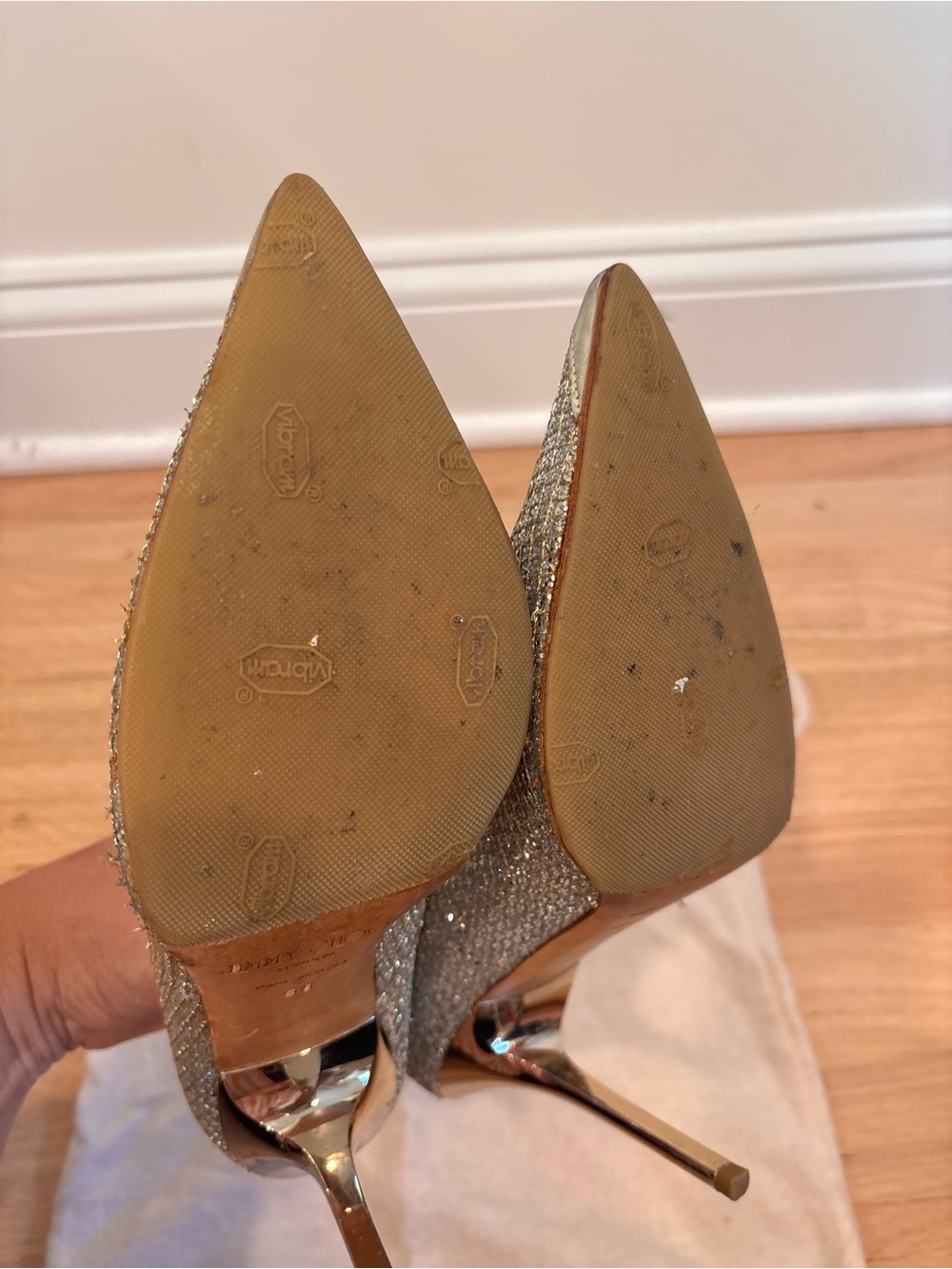 Jimmy Choo 100mm Abel Glitter Pointed Toe Pumps Heels Gold/Silver Champagne sz38 - Picture 7 of 13